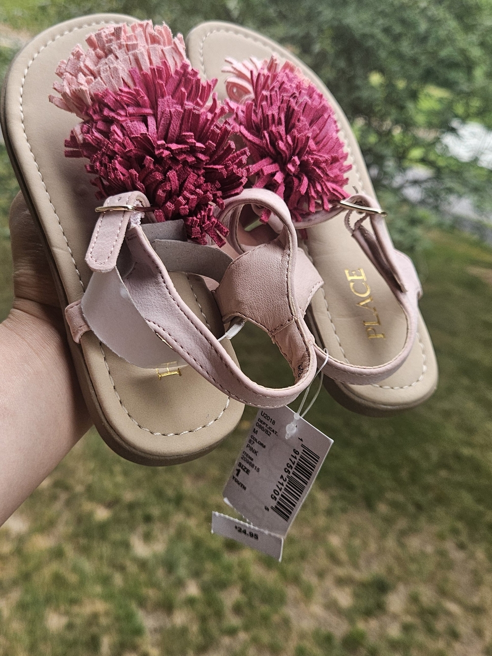 The Children's Place Light Pink Sandals with Fuchsia Pom-Poms